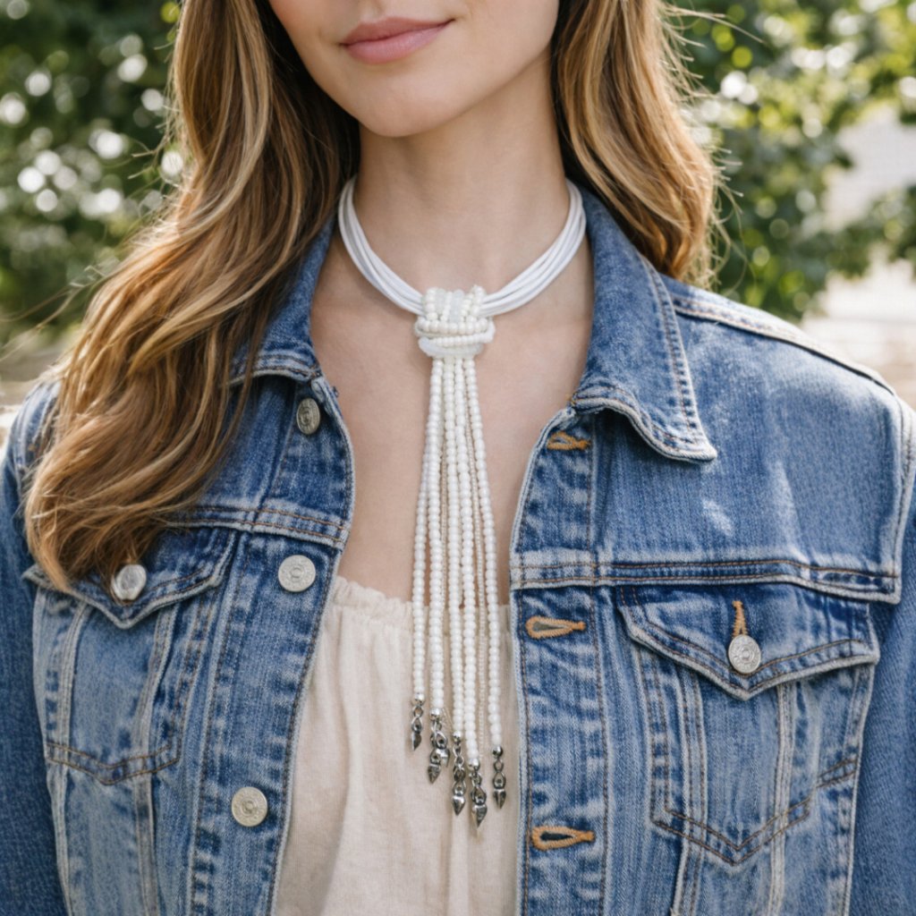 Multistrand White Leather Choker W Beaded Strands Necklace 45$